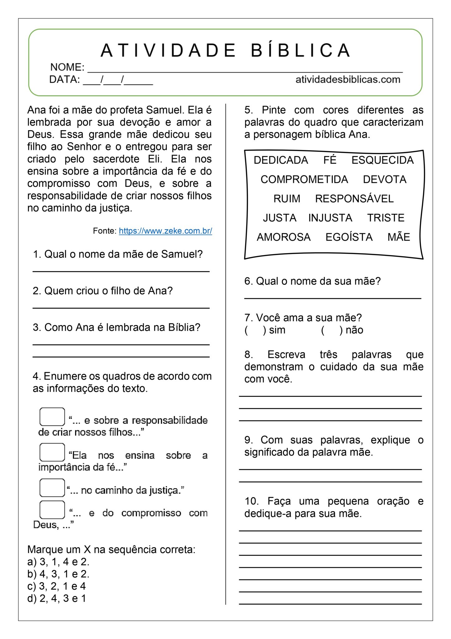 Atividades Bíblicas sobre o Dia das Mães para imprimir - Atividades ...