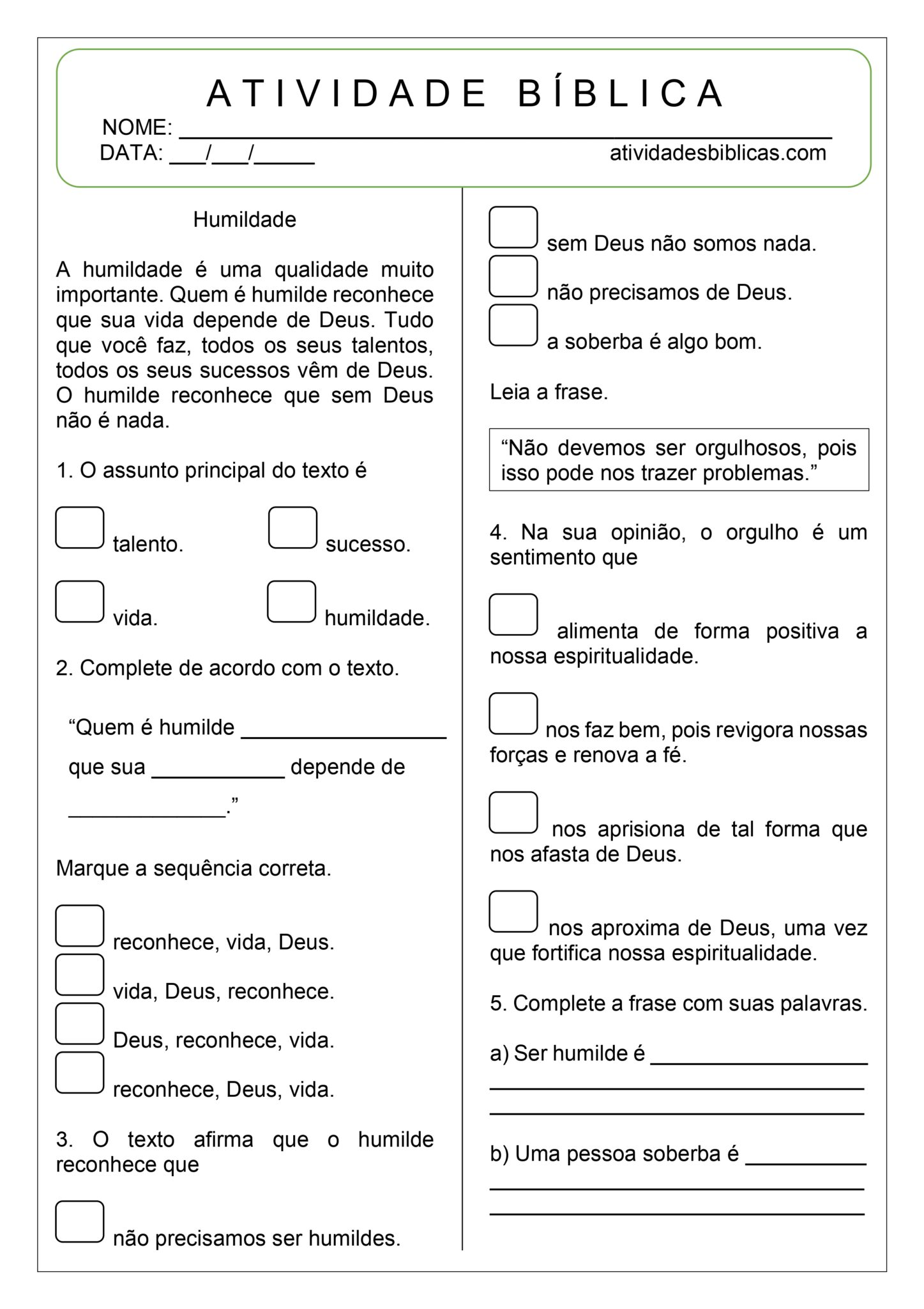 Atividades sobre Humildade para Imprimir - Atividades Bíblicas