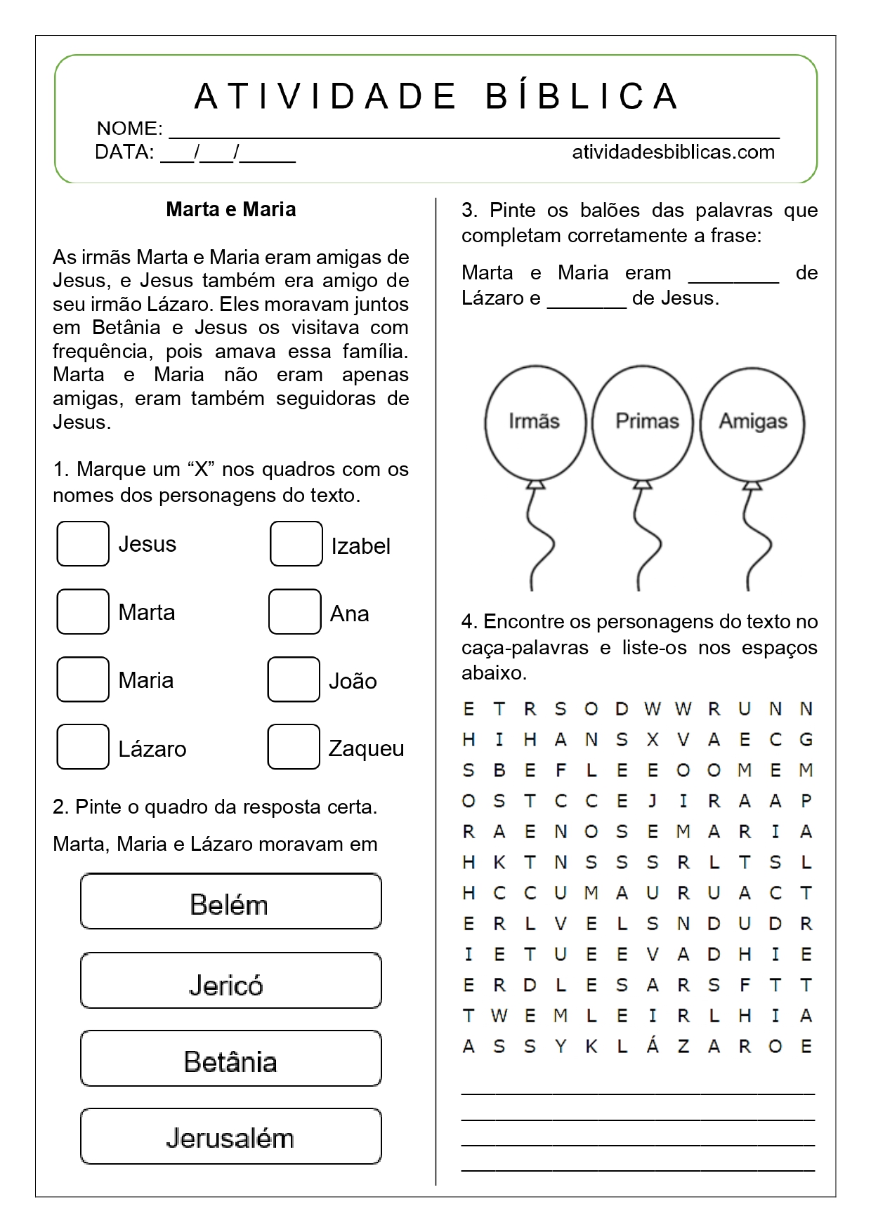 atividades sobre Marta e Maria para imprimir