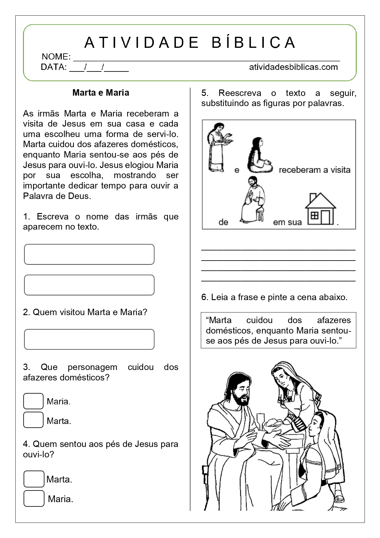 atividades sobre Marta e Maria para imprimir