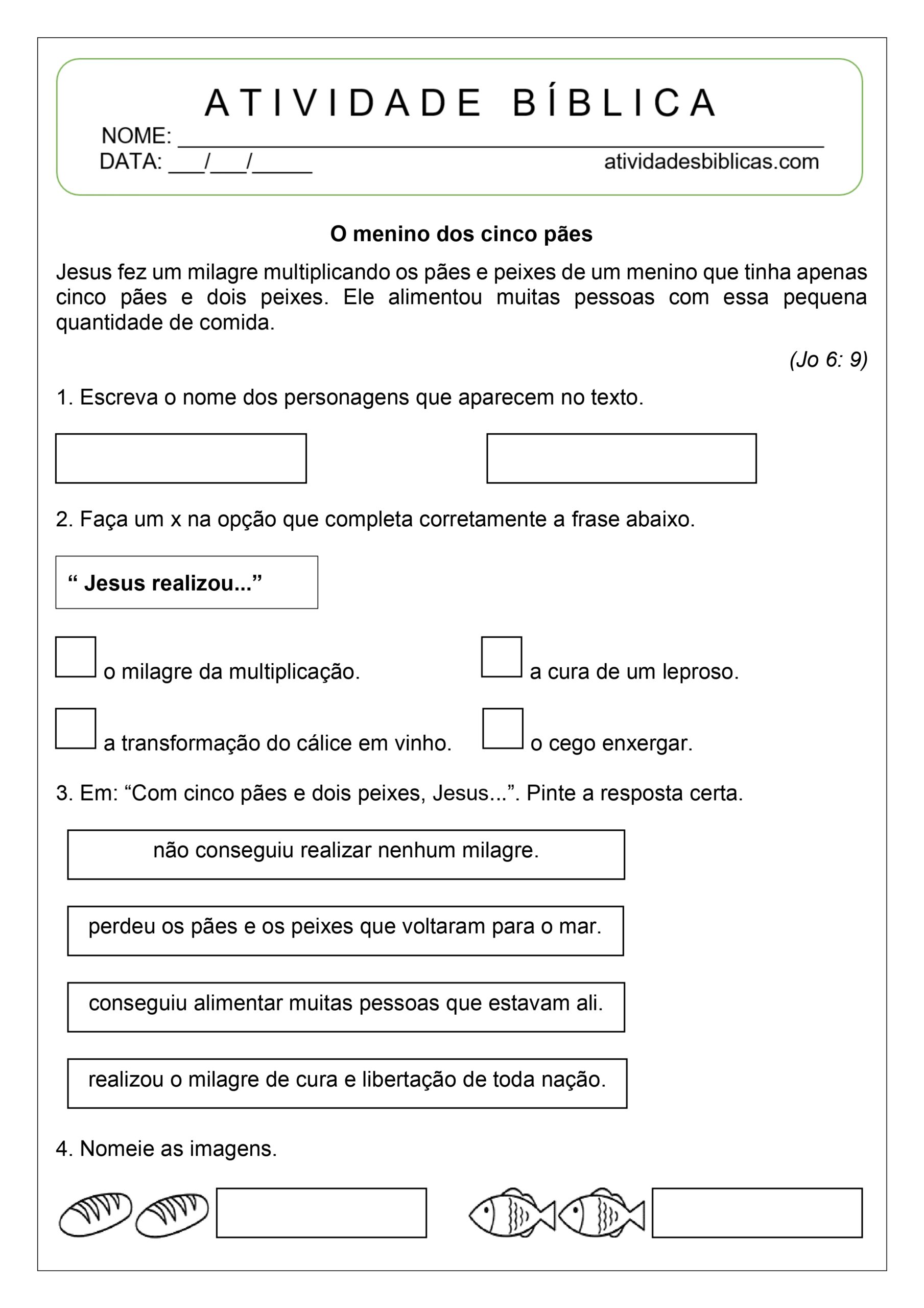 Atividades sobre a multiplicação dos pães e peixes